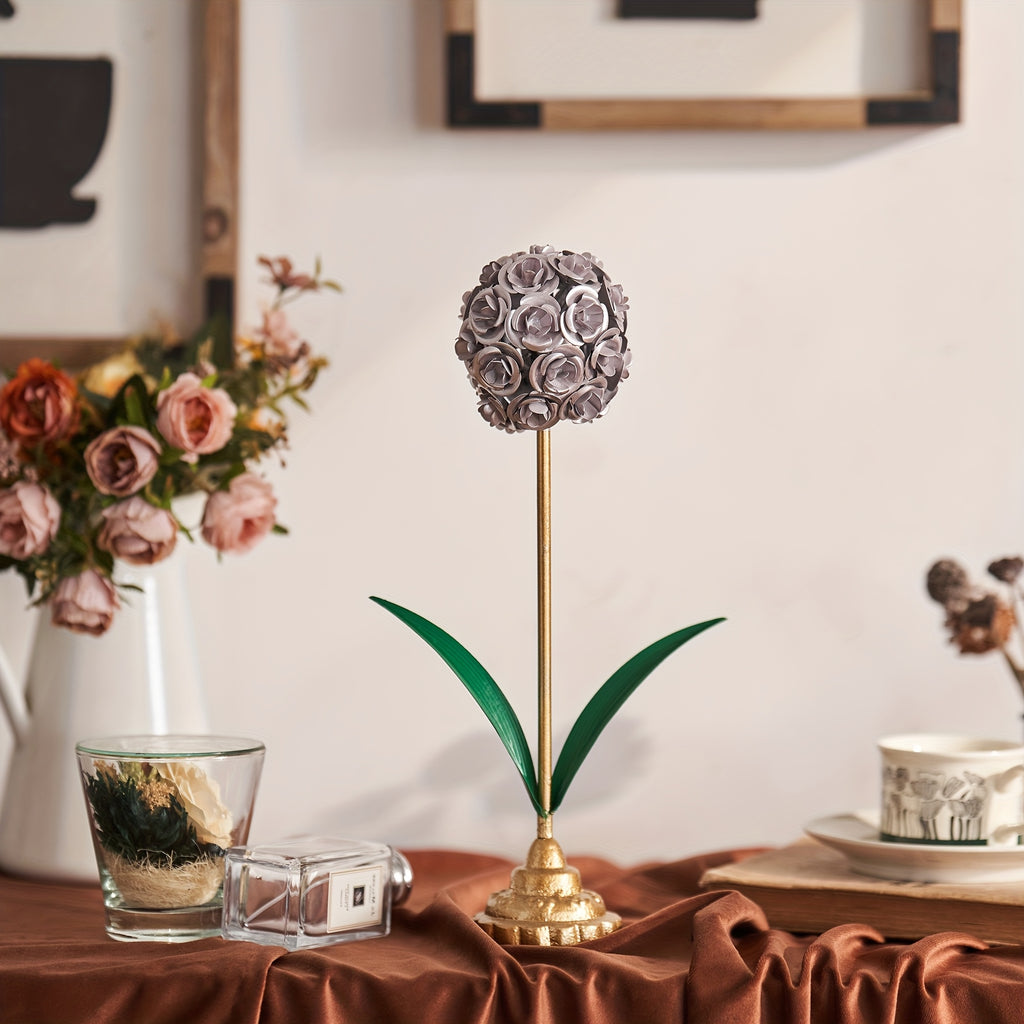 Metal Rose Ball Flower Decor with Green Leaves and Golden Base European Iron Table Ornament for Home Display