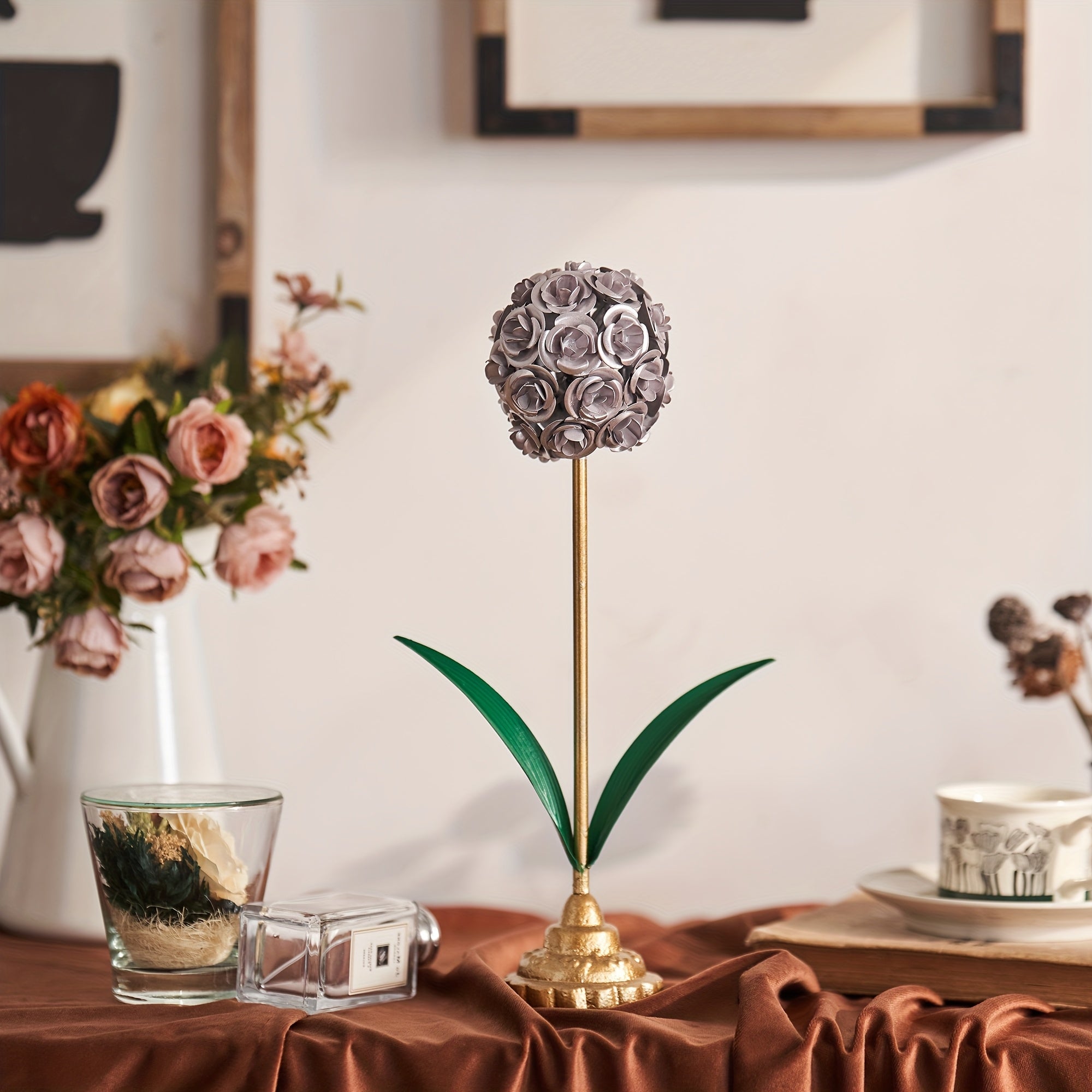 Metal Rose Ball Flower Decor with Green Leaves and Golden Base European Iron Table Ornament for Home Display