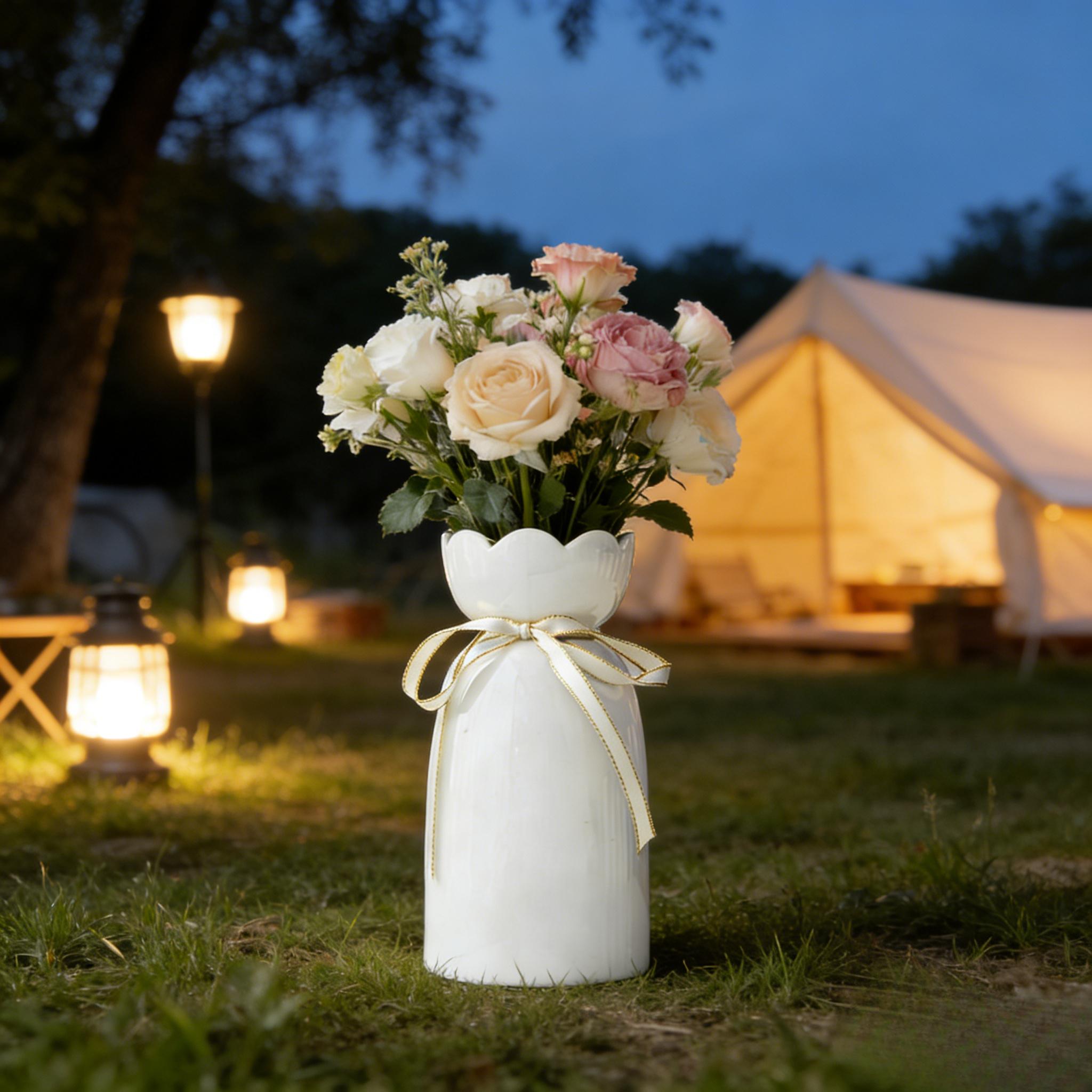 Modern Ceramic Table Vase | Flower Arrangement Container, Horn Shape, Flower Pattern, for Dining Room & Bedroom Decor