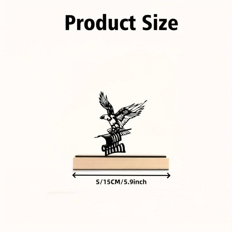 A Single Metal Eagle Decoration for The Desk, Featuring a Wooden Base. This Black Metal Ornament Showcases a Flying Eagle Silhouette, Making It an Ideal Piece for Your Living Room, Bedroom