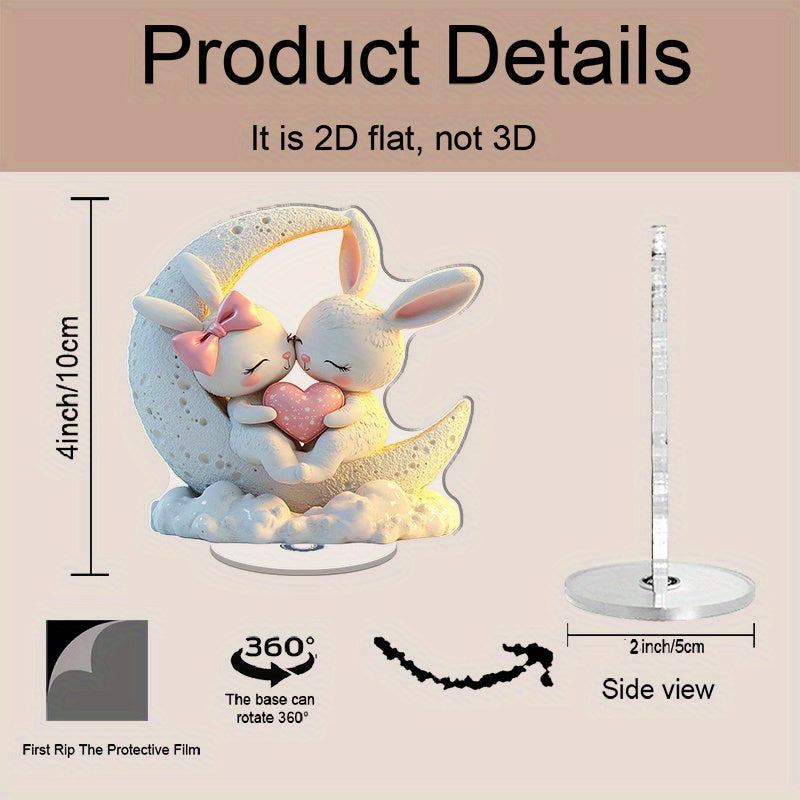 2D Flat, 2D Flat Style, 1pc 2D Rotating Acrylic Desktop Ornament Featuring a Pair of Cute Rabbits with Glowing White Fur, Surrounded by Hearts and Colorful Decorations, Placed on a Moon-shaped House Design, Perfectly Enhancing the Living Room