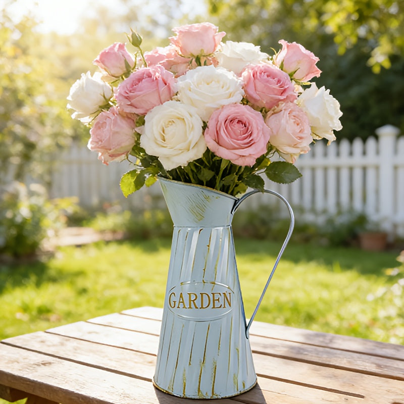 Aged Light Blue Flower Vase | Suitable for Pink and White Rose Bouquet, Echoes Pastoral Atmosphere with Soft Elements and Conveys Natural Relaxation through Retro Texture