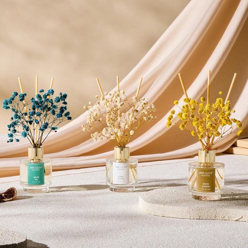 3-in-1 Reed Diffuser Aroma Oil Diffuser Set with Clean, Jasmine & Tea Scents - Long-Lasting Essential Oil System, Refillable Reed Sticks, & Preserved Flowers - for, Office, Gift (1.69oz Each) - Easy Scent Control