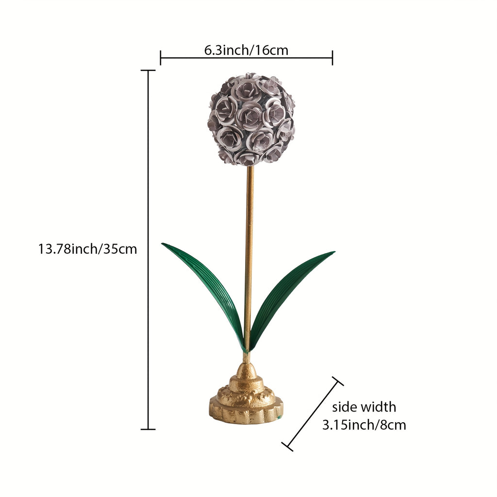Metal Rose Ball Flower Decor with Green Leaves and Golden Base European Iron Table Ornament for Home Display