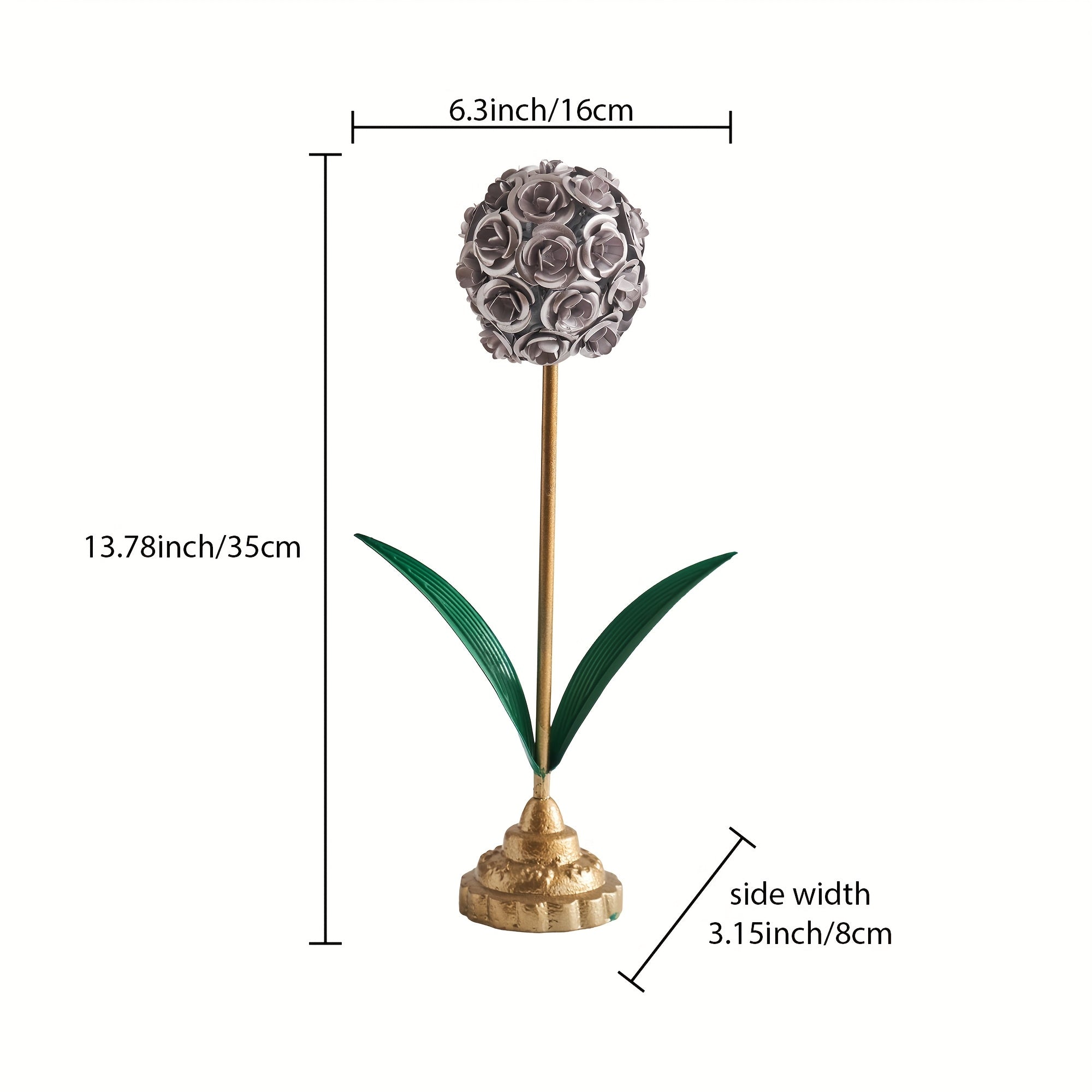 Metal Rose Ball Flower Decor with Green Leaves and Golden Base European Iron Table Ornament for Home Display