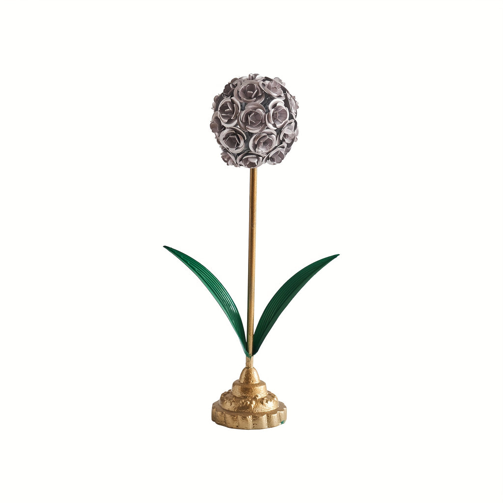 Metal Rose Ball Flower Decor with Green Leaves and Golden Base European Iron Table Ornament for Home Display