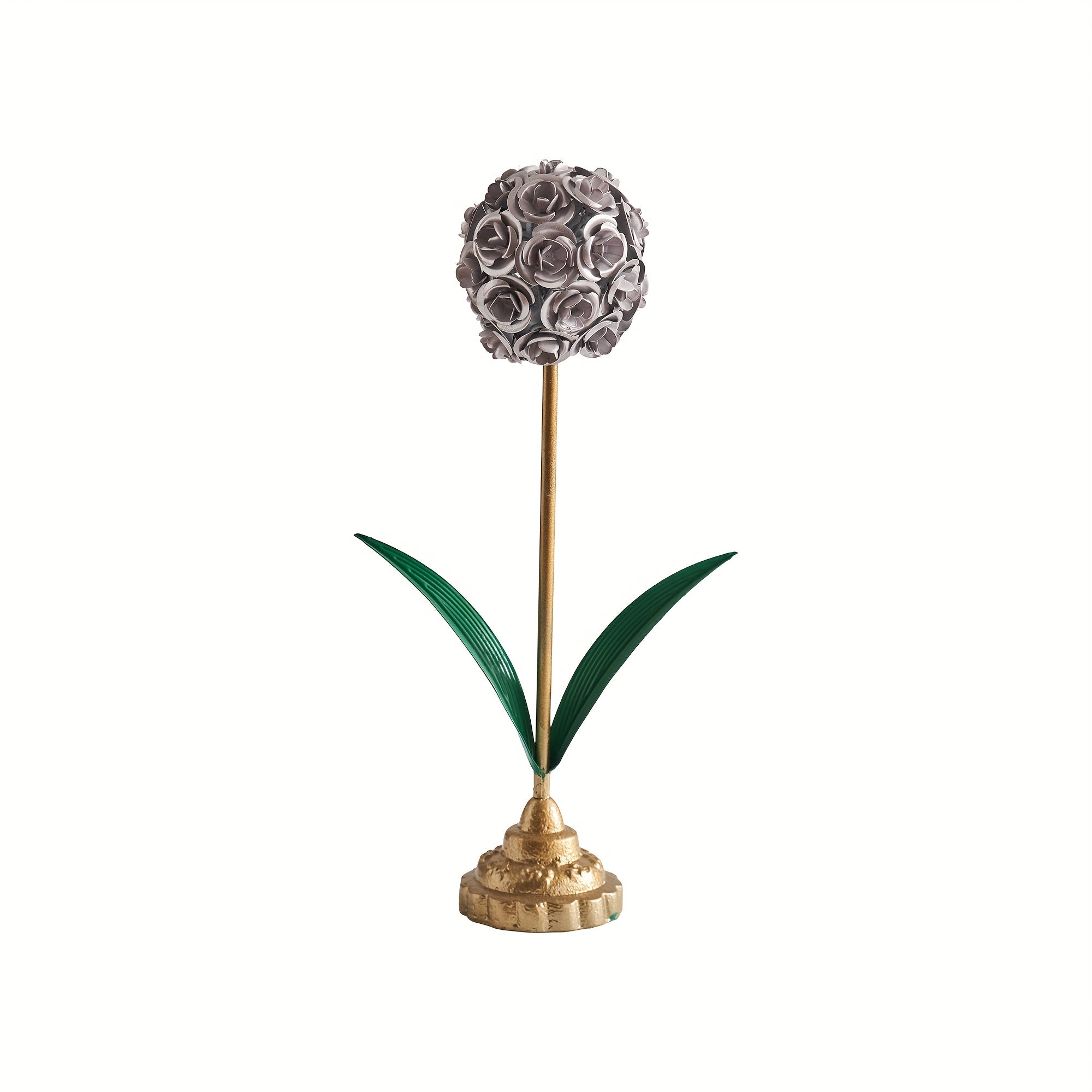 Metal Rose Ball Flower Decor with Green Leaves and Golden Base European Iron Table Ornament for Home Display