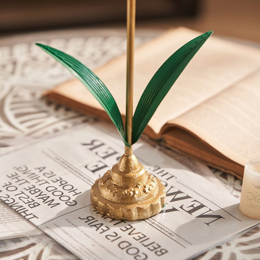 Metal Rose Ball Flower Decor with Green Leaves and Golden Base European Iron Table Ornament for Home Display