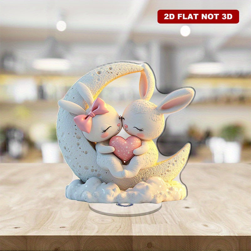 2D Flat, 2D Flat Style, 1pc 2D Rotating Acrylic Desktop Ornament Featuring a Pair of Cute Rabbits with Glowing White Fur, Surrounded by Hearts and Colorful Decorations, Placed on a Moon-shaped House Design, Perfectly Enhancing the Living Room