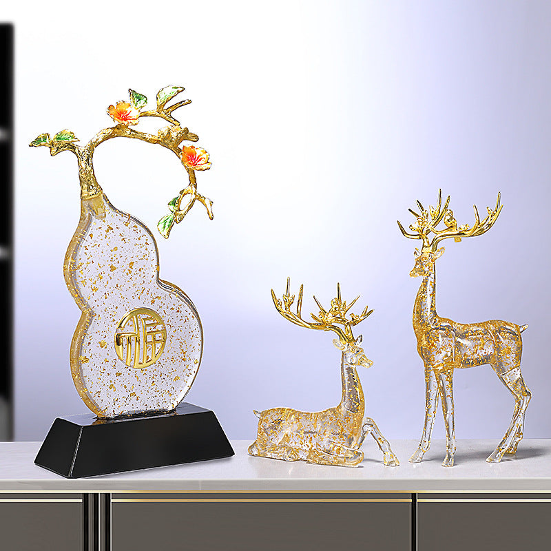 Ping An Lucky Deer Ornament with Golden Foil - Resin Figurine Suitable for, Traditional Chinese Decoration for Living Room, Housewarming Gift, Elegant Deer Statue for New House Blessing & Symbol