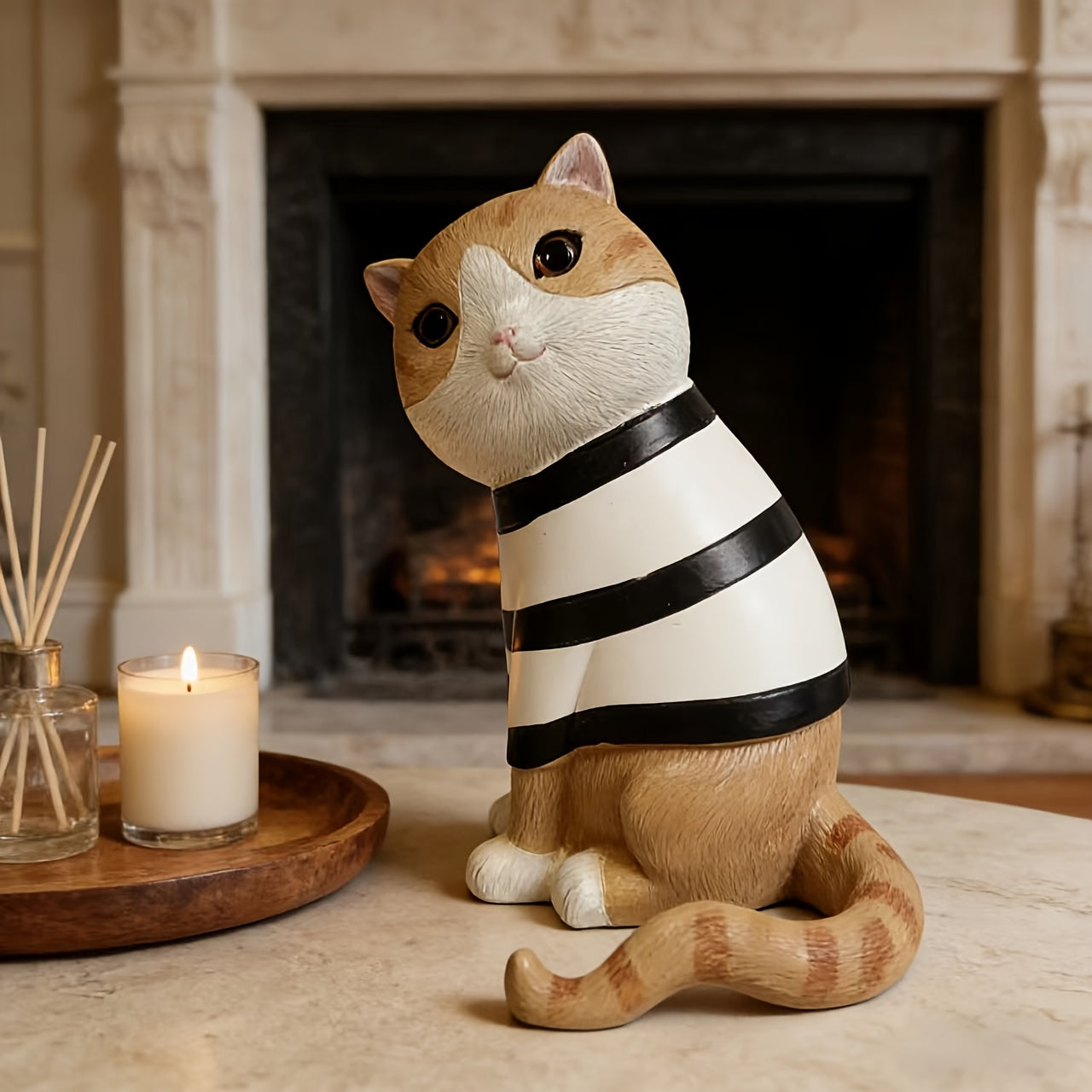 1pc Cute Sitting Cat Light Luxury TV Cabinet Living Room Decoration Piece, Adorable Striped Cat Home Desktop Creative Statue, Sitting Cat Suitable for European Home Living Room Desktop Decoration Piece