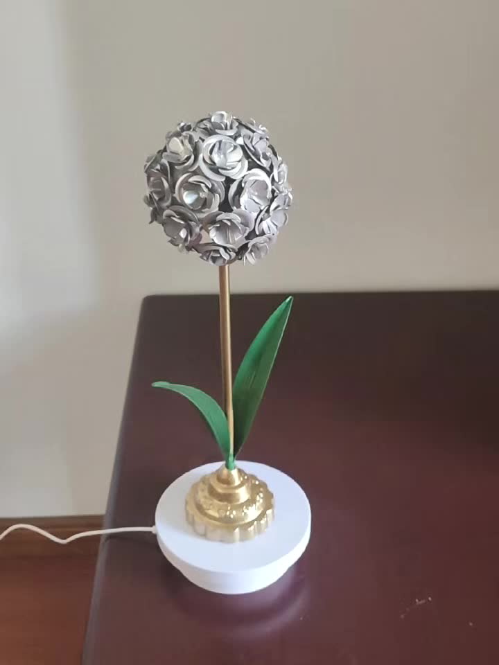 Metal Rose Ball Flower Decor with Green Leaves and Golden Base European Iron Table Ornament for Home Display