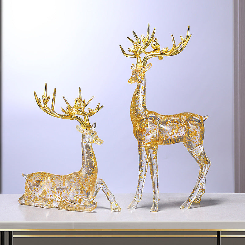 Ping An Lucky Deer Ornament with Golden Foil - Resin Figurine Suitable for, Traditional Chinese Decoration for Living Room, Housewarming Gift, Elegant Deer Statue for New House Blessing & Symbol