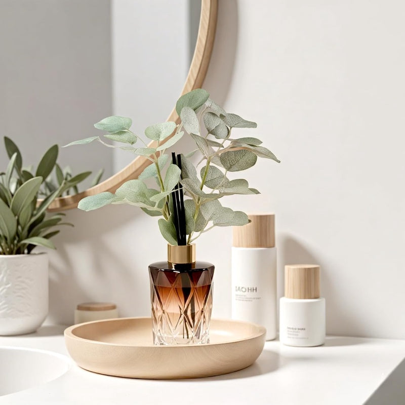Greenery Reed Diffuser Bottle, Empty Bottle with Scent Diffuser Sticks Fake Eucalyptus, Fragrance Aromatherapy Essential Oil DIY Glass Jar for Bathroom Bedroom Shelf Office Decor A Style