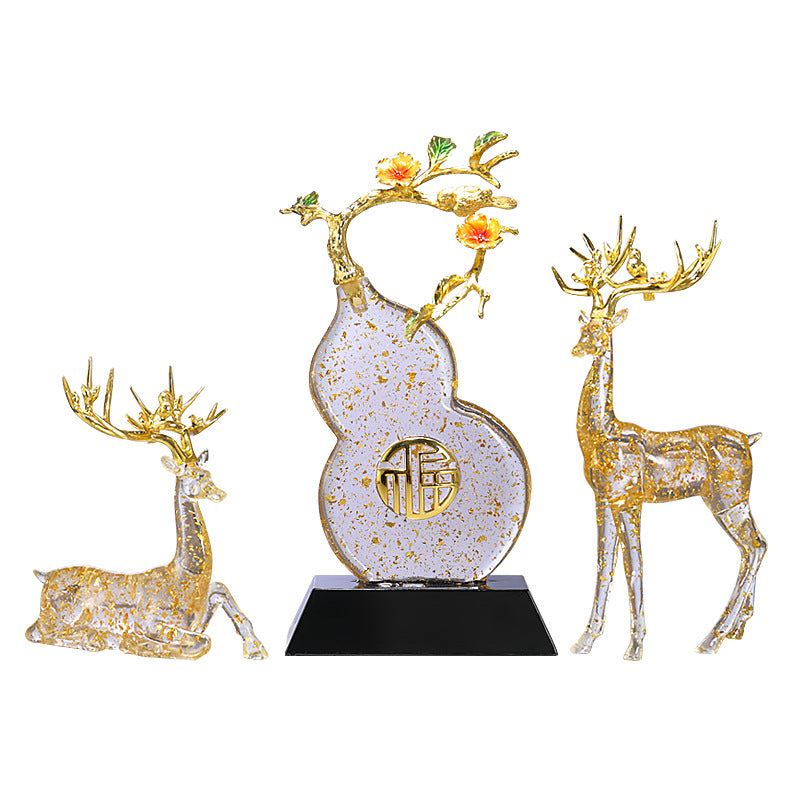 Ping An Lucky Deer Ornament with Golden Foil - Resin Figurine Suitable for, Traditional Chinese Decoration for Living Room, Housewarming Gift, Elegant Deer Statue for New House Blessing & Symbol