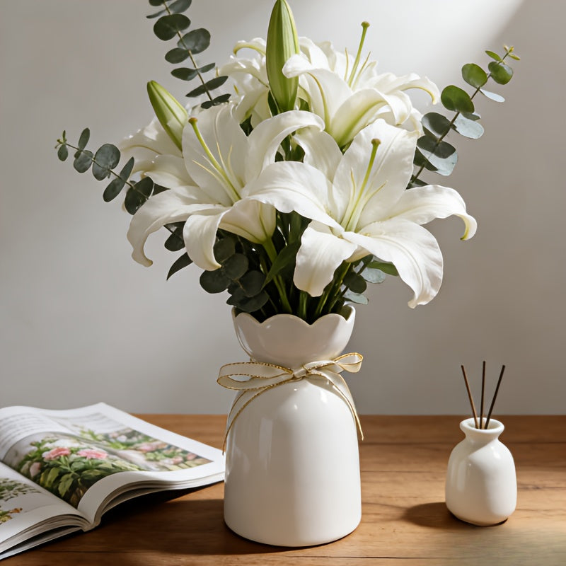 Modern Ceramic Table Vase | Flower Arrangement Container, Horn Shape, Flower Pattern, for Dining Room & Bedroom Decor