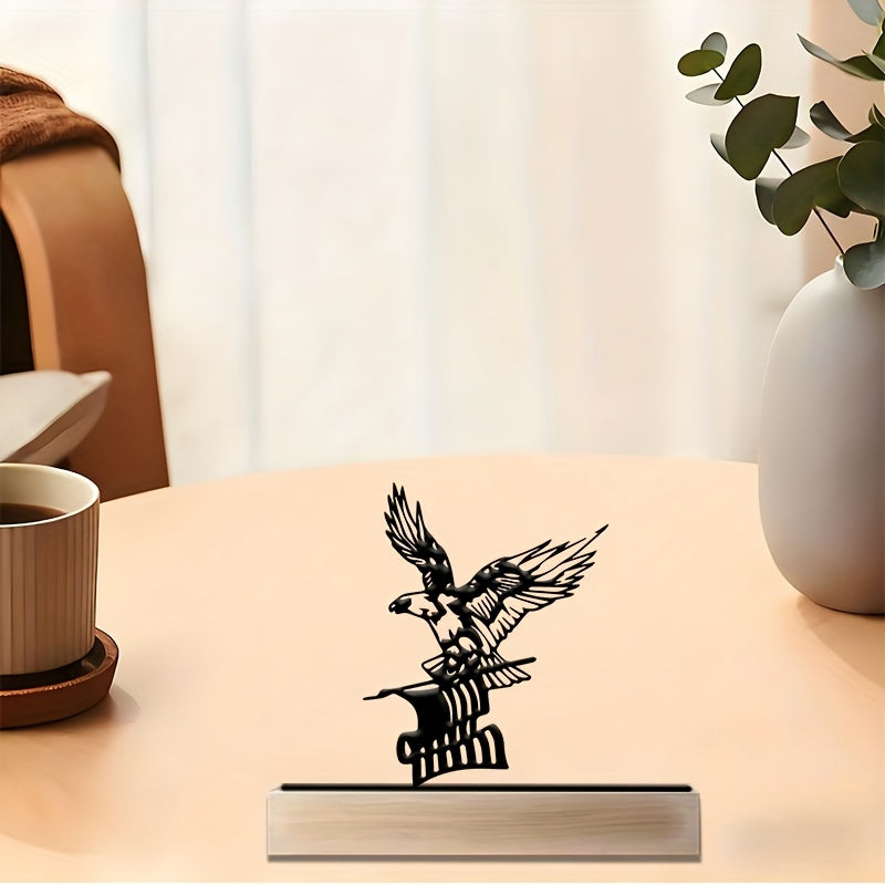 A Single Metal Eagle Decoration for The Desk, Featuring a Wooden Base. This Black Metal Ornament Showcases a Flying Eagle Silhouette, Making It an Ideal Piece for Your Living Room, Bedroom