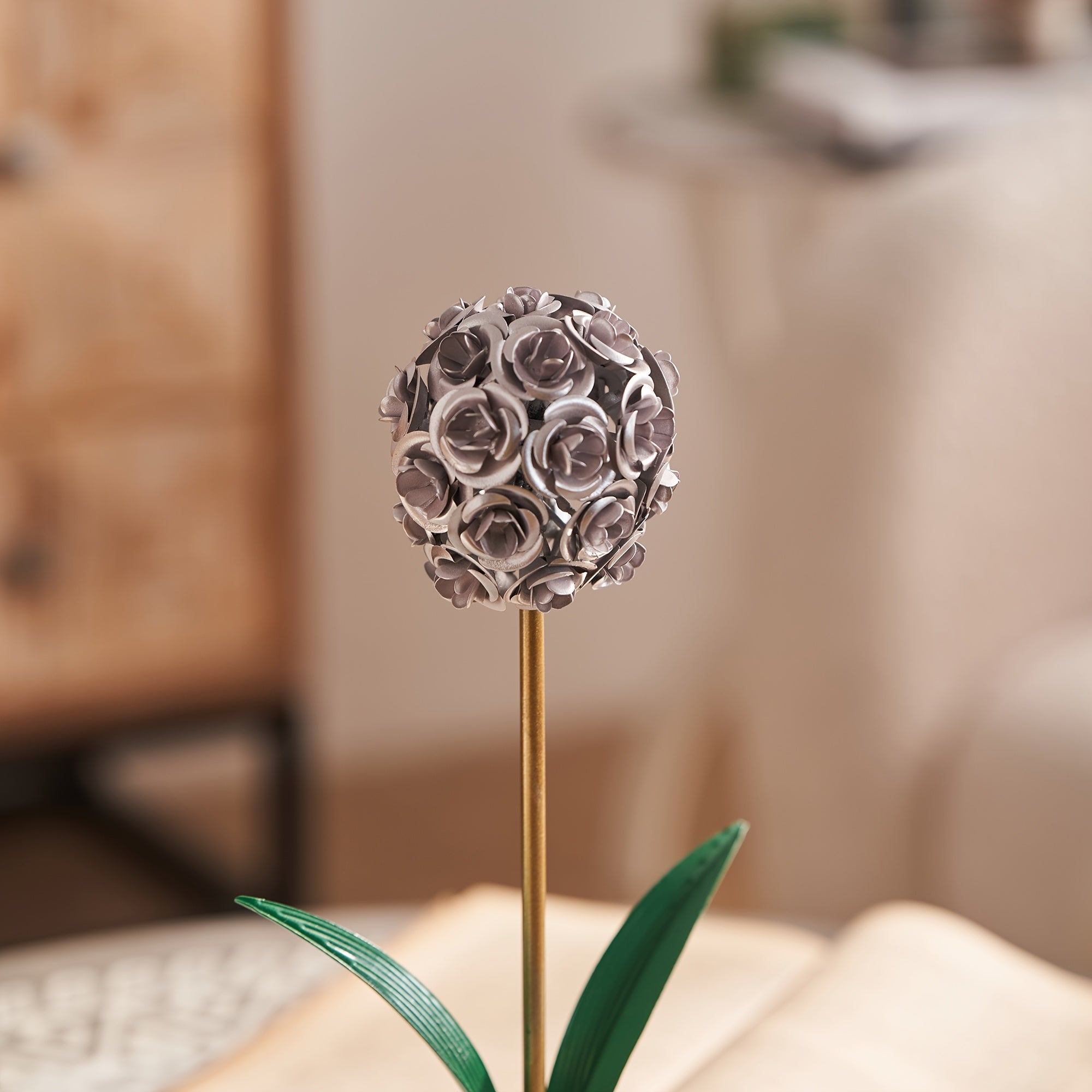 Metal Rose Ball Flower Decor with Green Leaves and Golden Base European Iron Table Ornament for Home Display