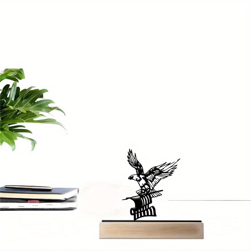 A Single Metal Eagle Decoration for The Desk, Featuring a Wooden Base. This Black Metal Ornament Showcases a Flying Eagle Silhouette, Making It an Ideal Piece for Your Living Room, Bedroom