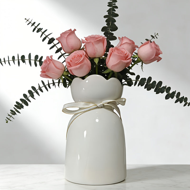 Modern Ceramic Table Vase | Flower Arrangement Container, Horn Shape, Flower Pattern, for Dining Room & Bedroom Decor