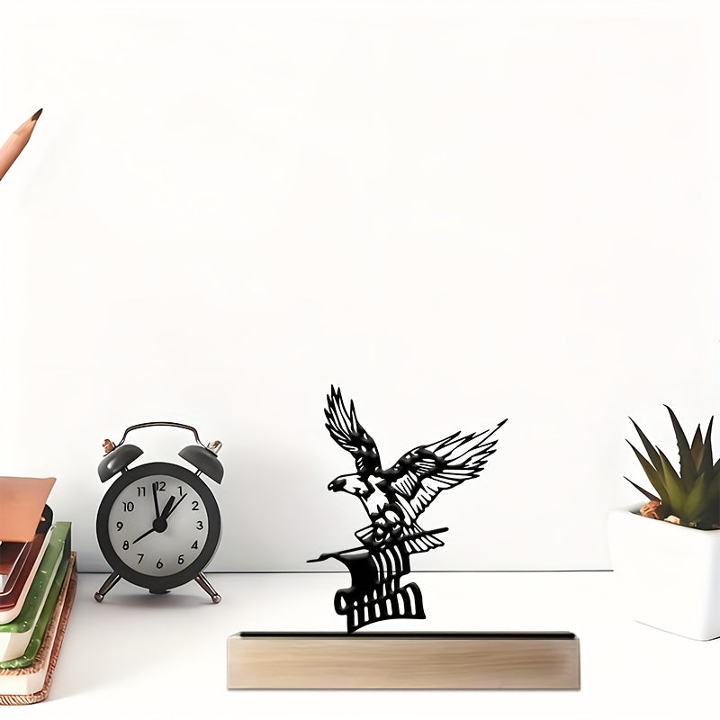 A Single Metal Eagle Decoration for The Desk, Featuring a Wooden Base. This Black Metal Ornament Showcases a Flying Eagle Silhouette, Making It an Ideal Piece for Your Living Room, Bedroom