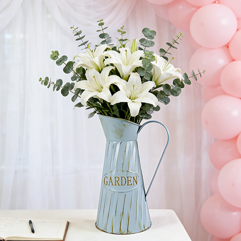 Aged Light Blue Flower Vase | Suitable for Pink and White Rose Bouquet, Echoes Pastoral Atmosphere with Soft Elements and Conveys Natural Relaxation through Retro Texture