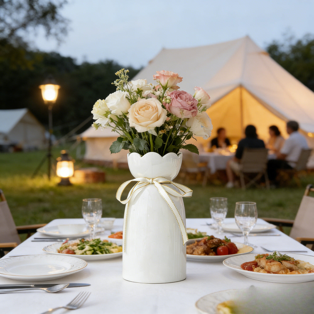 Modern Ceramic Table Vase | Flower Arrangement Container, Horn Shape, Flower Pattern, for Dining Room & Bedroom Decor