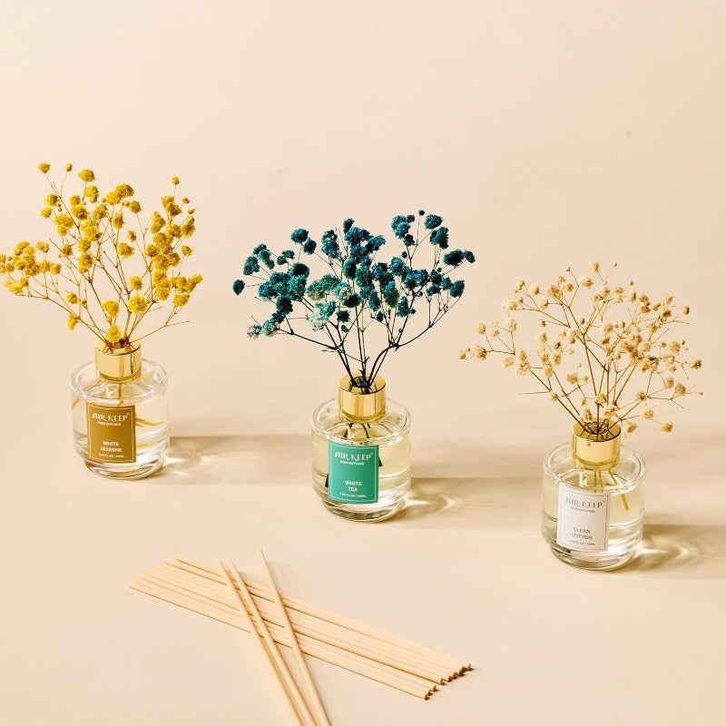 3-in-1 Reed Diffuser Aroma Oil Diffuser Set with Clean, Jasmine & Tea Scents - Long-Lasting Essential Oil System, Refillable Reed Sticks, & Preserved Flowers - for, Office, Gift (1.69oz Each) - Easy Scent Control