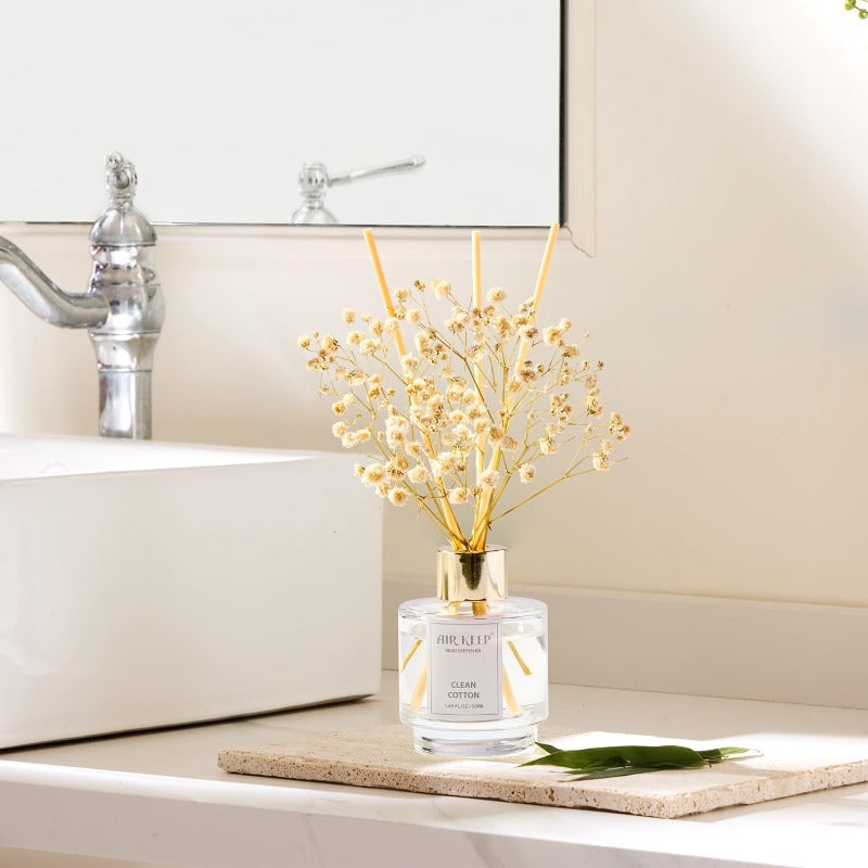 3-in-1 Reed Diffuser Aroma Oil Diffuser Set with Clean, Jasmine & Tea Scents - Long-Lasting Essential Oil System, Refillable Reed Sticks, & Preserved Flowers - for, Office, Gift (1.69oz Each) - Easy Scent Control