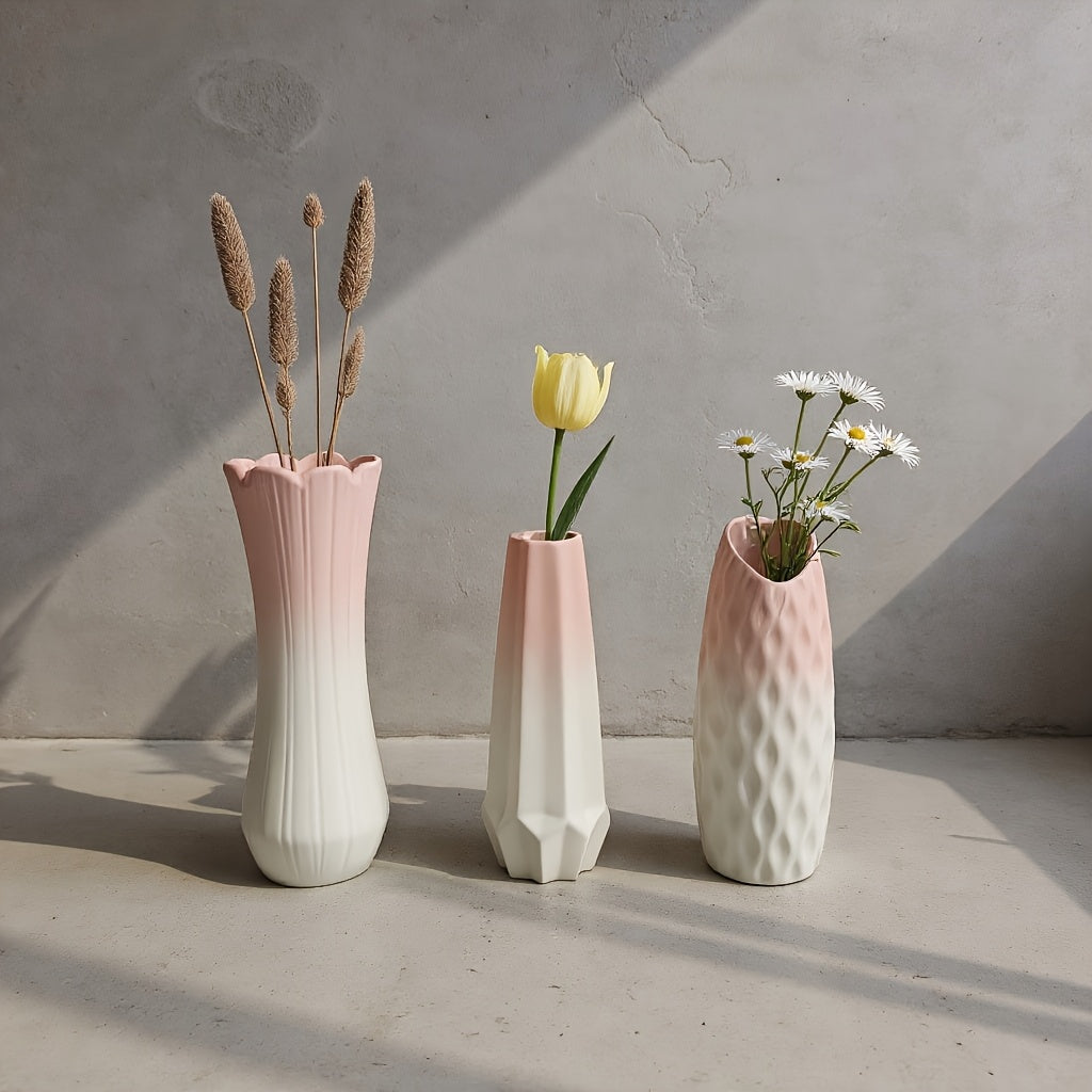 Minimalist Relief Texture Ceramic Vase Set, Nordic Instagram-Style Ceramic Vase, Balcony Decoration Slim-Neck Vase, Cream-Style Vertical Stripe Dried Flower Vase, Geometric Faceted Ceramic Flower Vessel, Garden Soft Decor Art Vase, Living Room