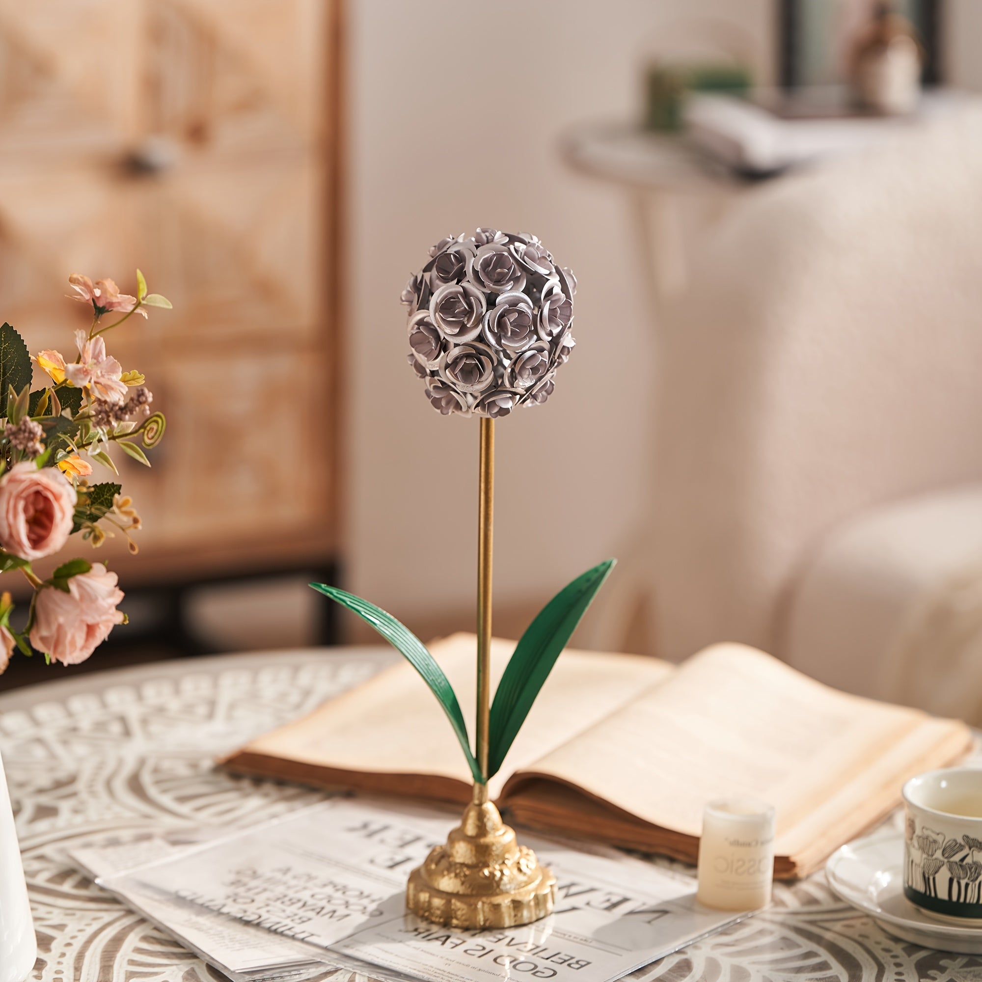Metal Rose Ball Flower Decor with Green Leaves and Golden Base European Iron Table Ornament for Home Display