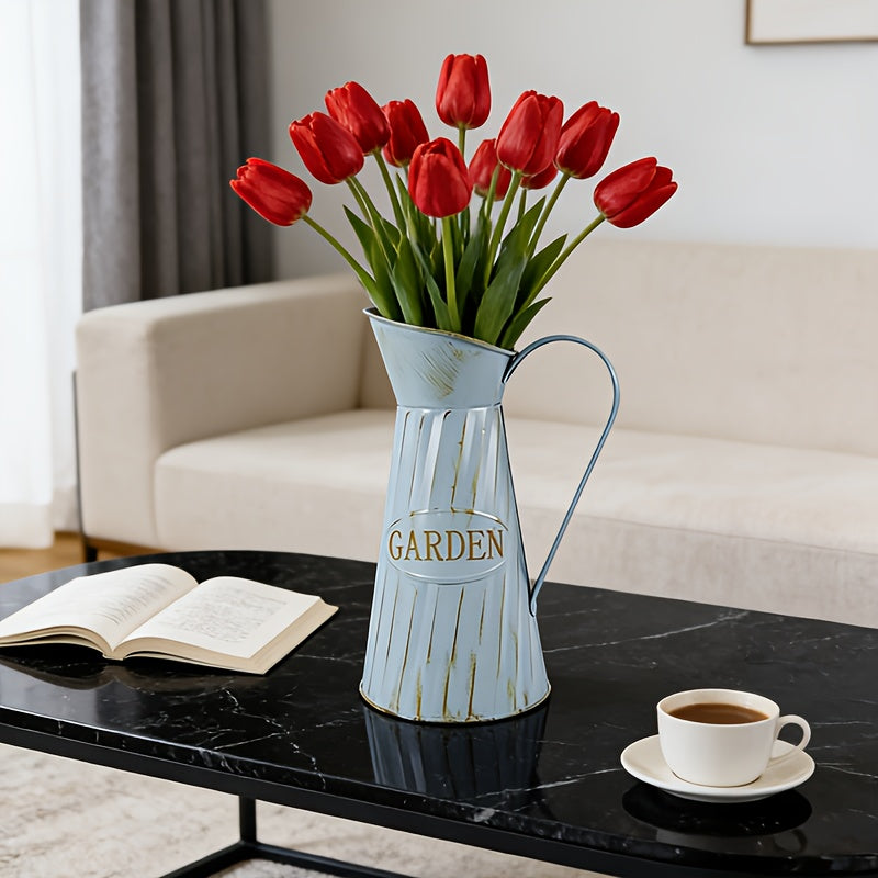 Aged Light Blue Flower Vase | Suitable for Pink and White Rose Bouquet, Echoes Pastoral Atmosphere with Soft Elements and Conveys Natural Relaxation through Retro Texture