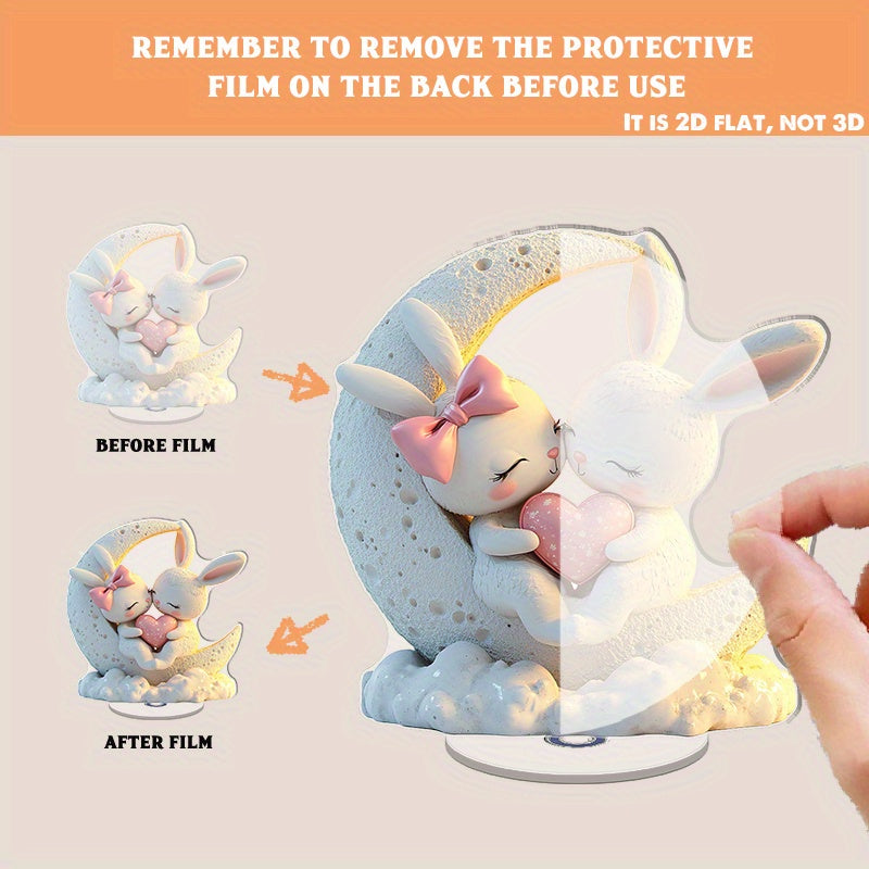 2D Flat, 2D Flat Style, 1pc 2D Rotating Acrylic Desktop Ornament Featuring a Pair of Cute Rabbits with Glowing White Fur, Surrounded by Hearts and Colorful Decorations, Placed on a Moon-shaped House Design, Perfectly Enhancing the Living Room