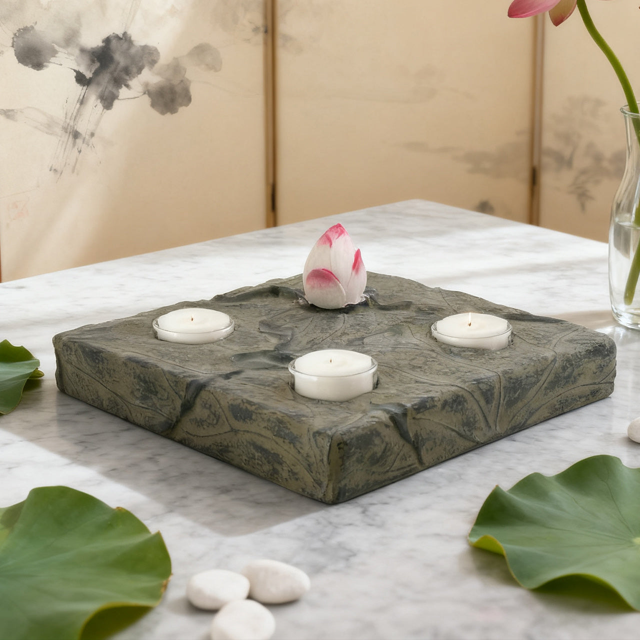Zen Lotus Candle Holder | Stone-Like Lotus Leaf Aromatherapy Décor for Tranquility & Relaxation