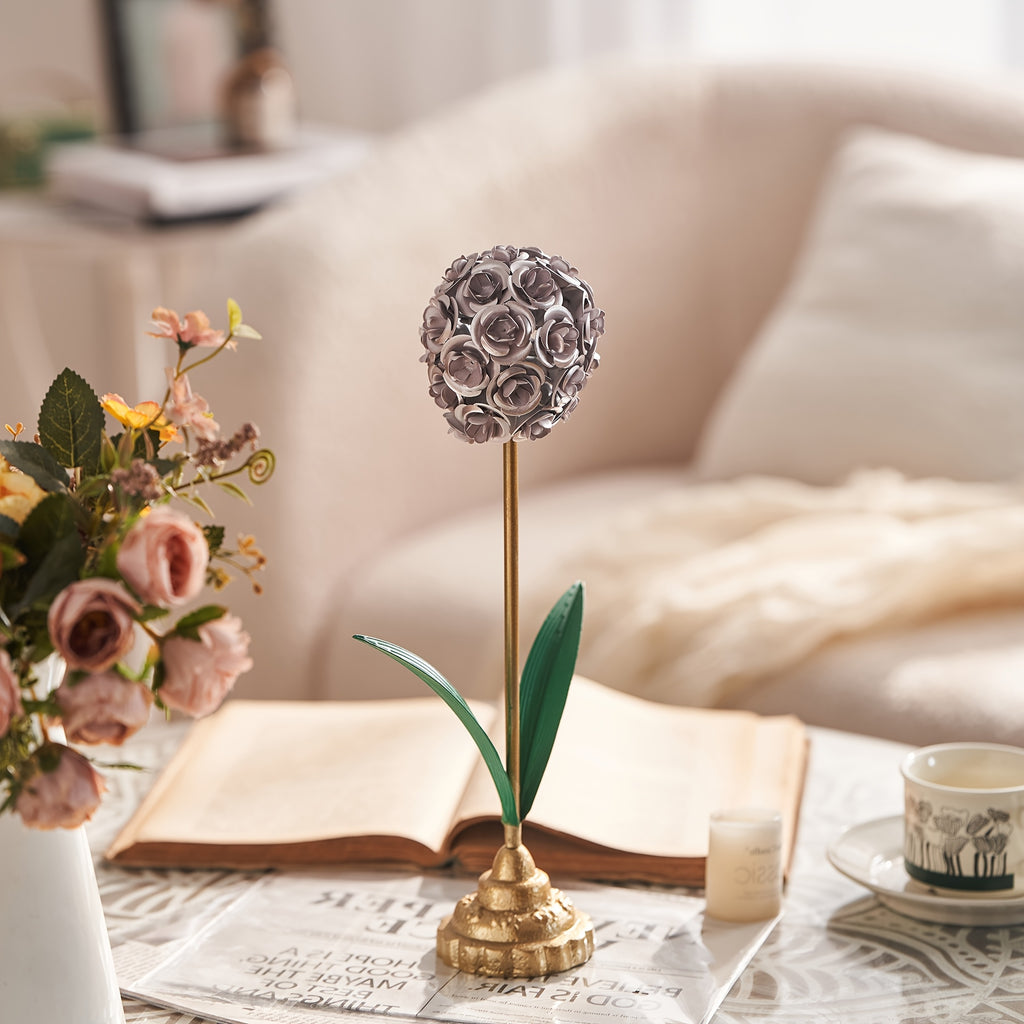 Metal Rose Ball Flower Decor with Green Leaves and Golden Base European Iron Table Ornament for Home Display