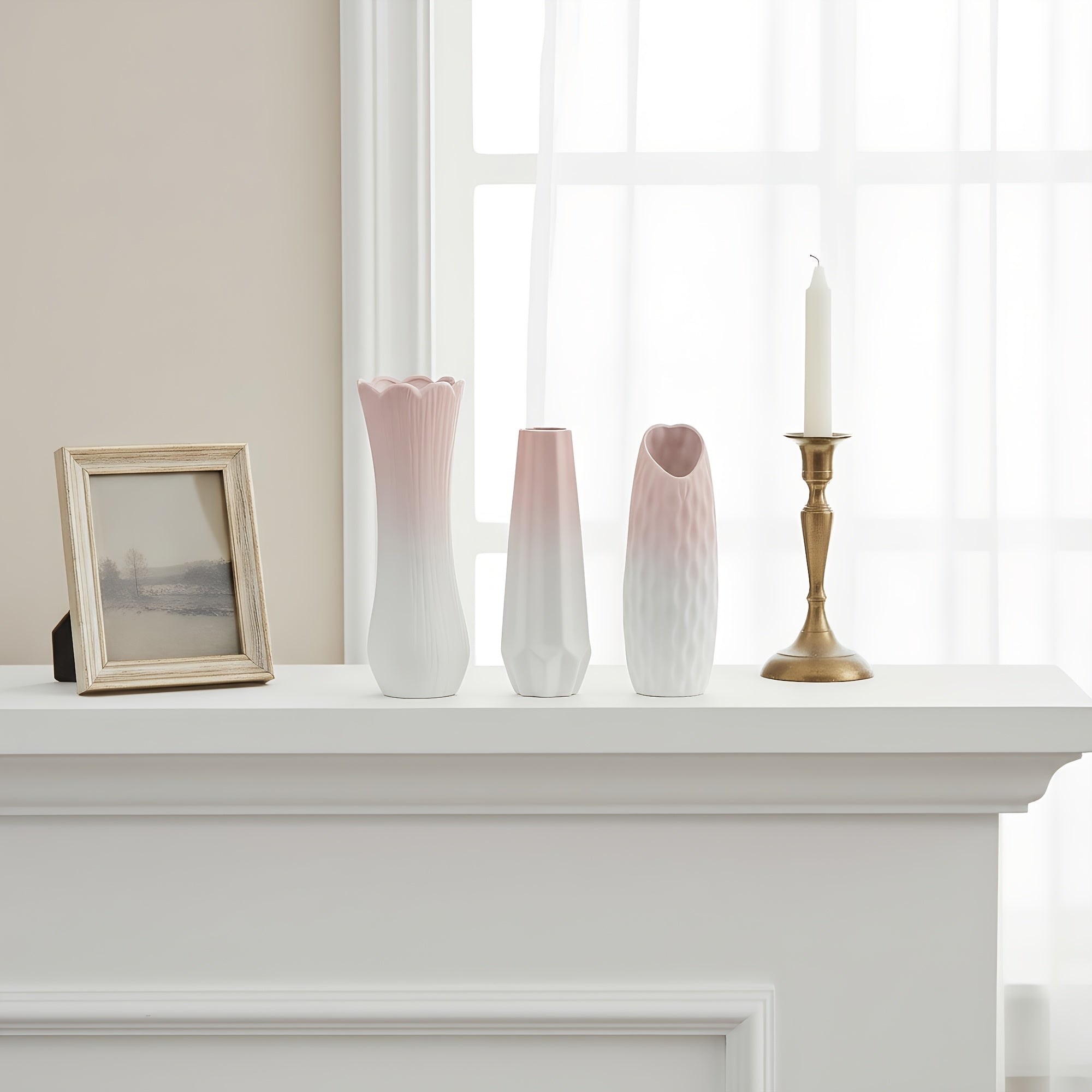 Minimalist Relief Texture Ceramic Vase Set, Nordic Instagram-Style Ceramic Vase, Balcony Decoration Slim-Neck Vase, Cream-Style Vertical Stripe Dried Flower Vase, Geometric Faceted Ceramic Flower Vessel, Garden Soft Decor Art Vase, Living Room