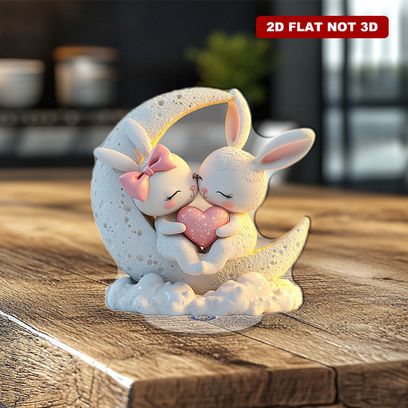 2D Flat, 2D Flat Style, 1pc 2D Rotating Acrylic Desktop Ornament Featuring a Pair of Cute Rabbits with Glowing White Fur, Surrounded by Hearts and Colorful Decorations, Placed on a Moon-shaped House Design, Perfectly Enhancing the Living Room