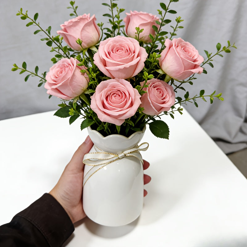 Modern Ceramic Table Vase | Flower Arrangement Container, Horn Shape, Flower Pattern, for Dining Room & Bedroom Decor