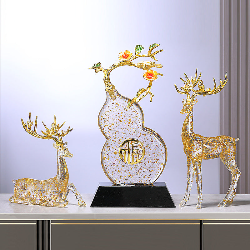 Ping An Lucky Deer Ornament with Golden Foil - Resin Figurine Suitable for, Traditional Chinese Decoration for Living Room, Housewarming Gift, Elegant Deer Statue for New House Blessing & Symbol