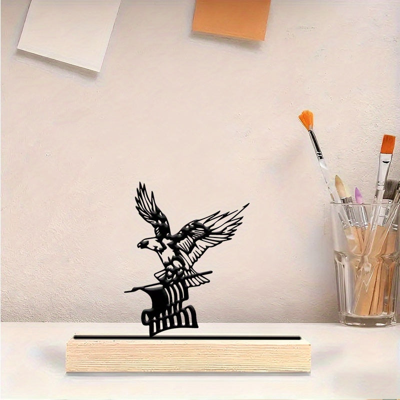 A Single Metal Eagle Decoration for The Desk, Featuring a Wooden Base. This Black Metal Ornament Showcases a Flying Eagle Silhouette, Making It an Ideal Piece for Your Living Room, Bedroom