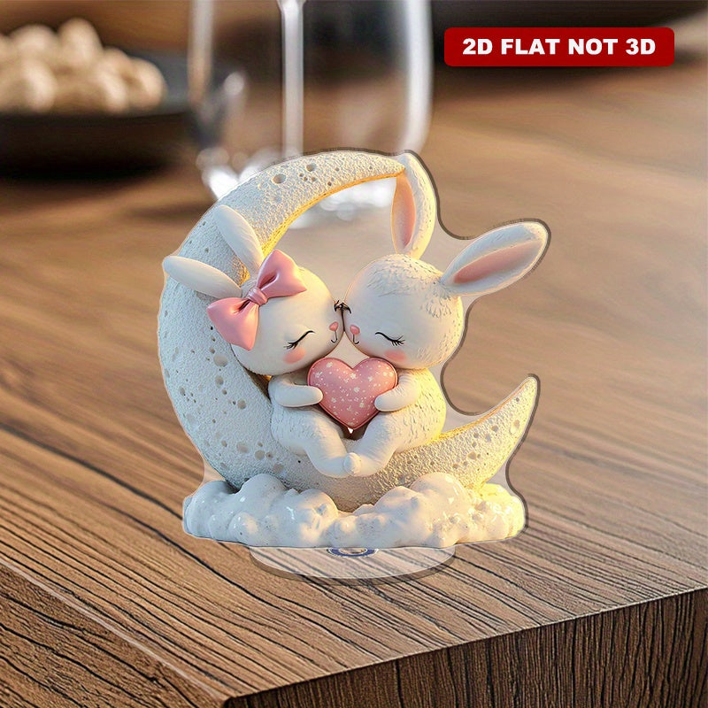 2D Flat, 2D Flat Style, 1pc 2D Rotating Acrylic Desktop Ornament Featuring a Pair of Cute Rabbits with Glowing White Fur, Surrounded by Hearts and Colorful Decorations, Placed on a Moon-shaped House Design, Perfectly Enhancing the Living Room